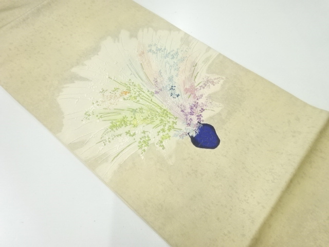 JAPANESE KIMONO / ANTIQUE FUKURO OBI / SILK / WOVEN VASE & FLORAL PLANTS